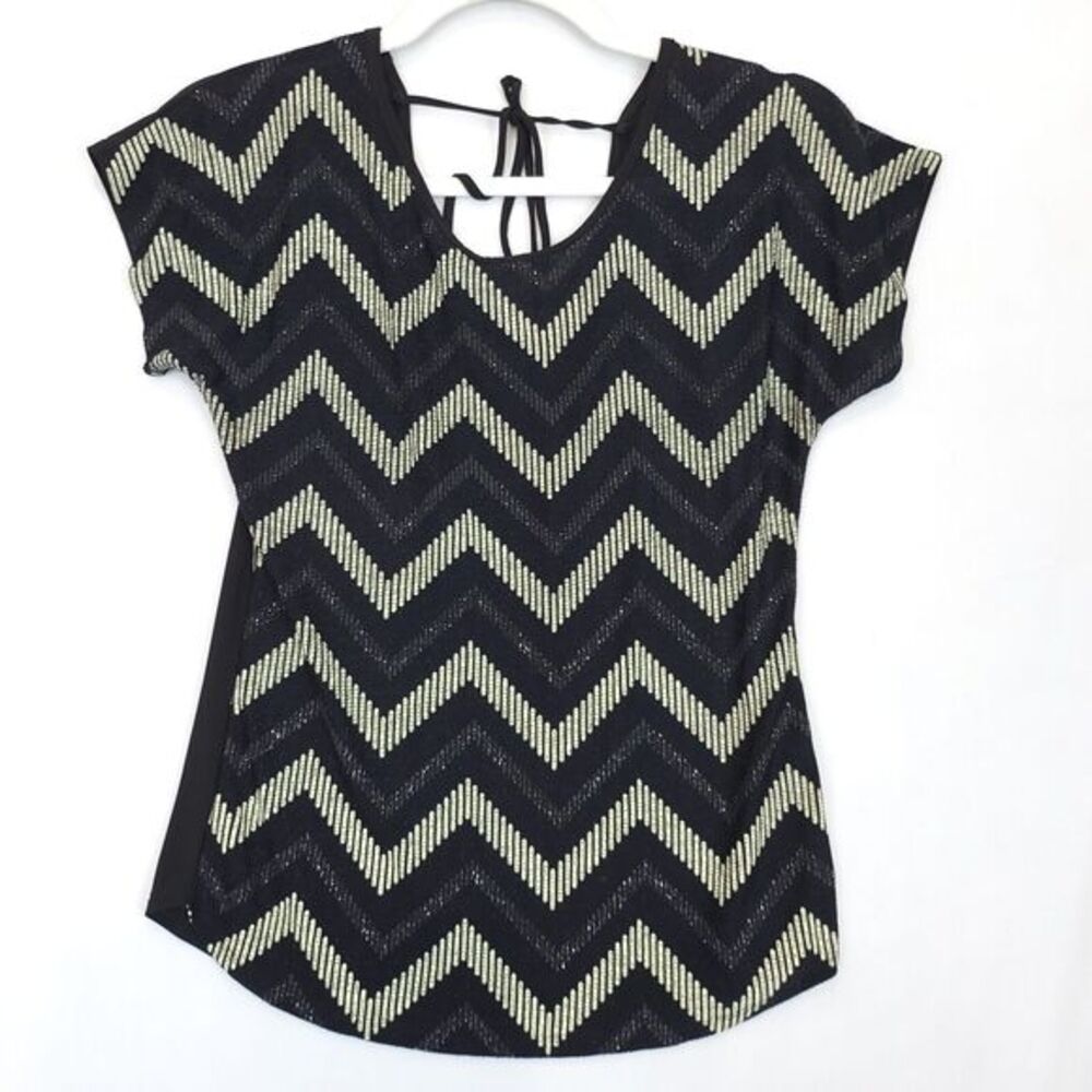 A'Gaci Chevron Knit Top Women S Black Gold Shimmer Boho Stretch Back Tie Festive
